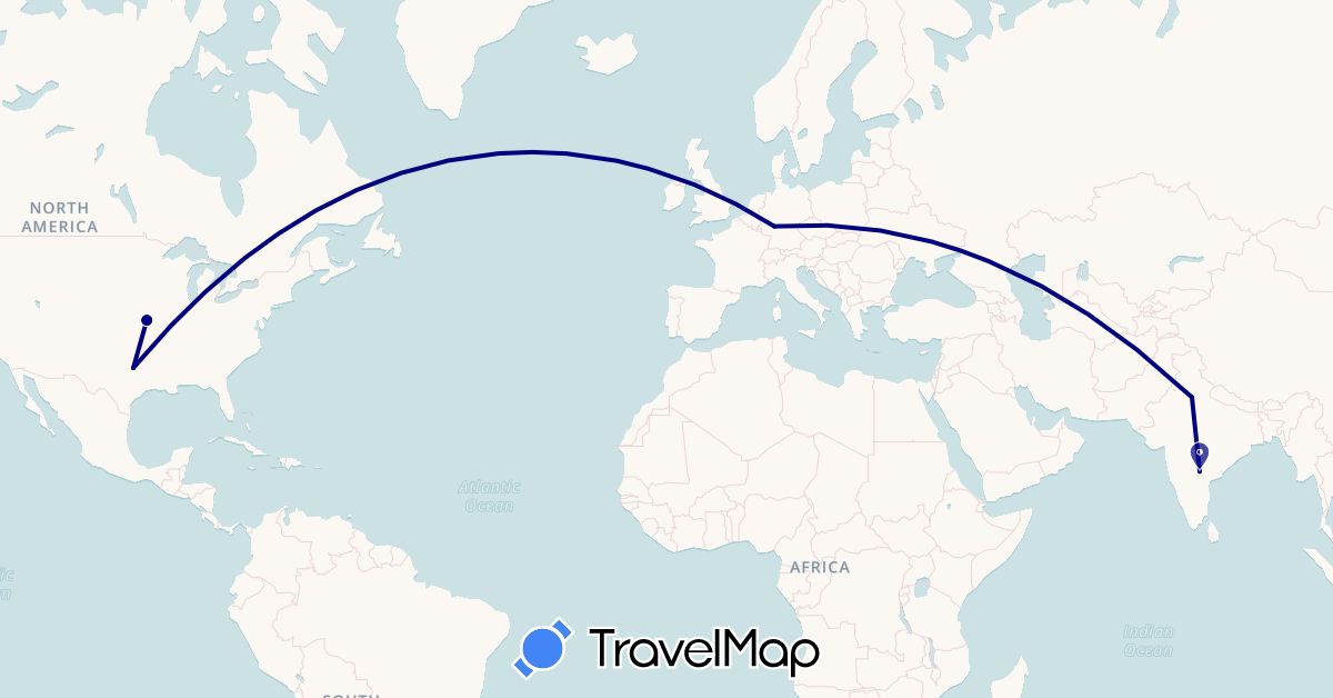 TravelMap itinerary: driving in Germany, India, United States (Asia, Europe, North America)